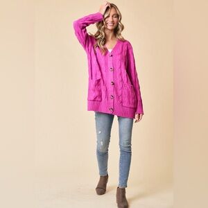 Women's Pink Cable Knit Cardigan Sweater